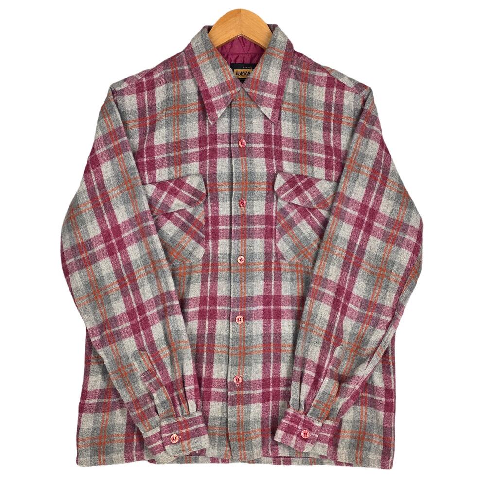 BANYAN SPORTS WEAR WOOL FLANNEL SHIRT – RED/GRAY PLAID – VINTAGE – MEN'S SIZE M